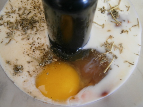 Chicken liver, egg + yolk, heavy cream + milk, a splash of brandy, and a dash of sage, rosemary, and thyme.