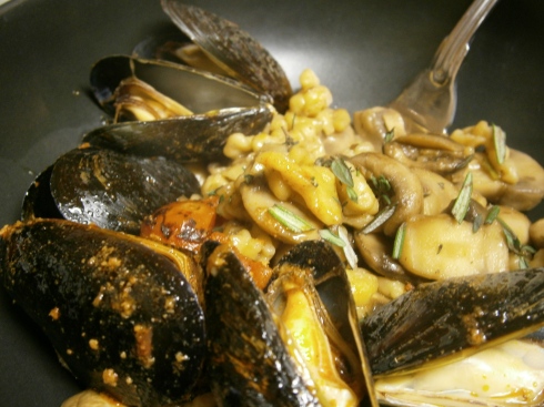 The whole she-bang: mussels with their broth, mushrooms, and spaetzle. A lovely way to end the year.